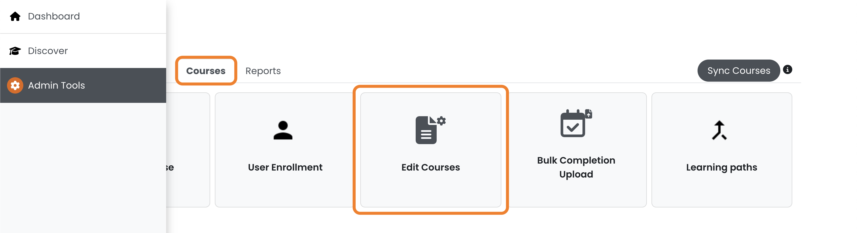 7 - The Admin Tools, indicating the Courses tab and Edit Courses option.png