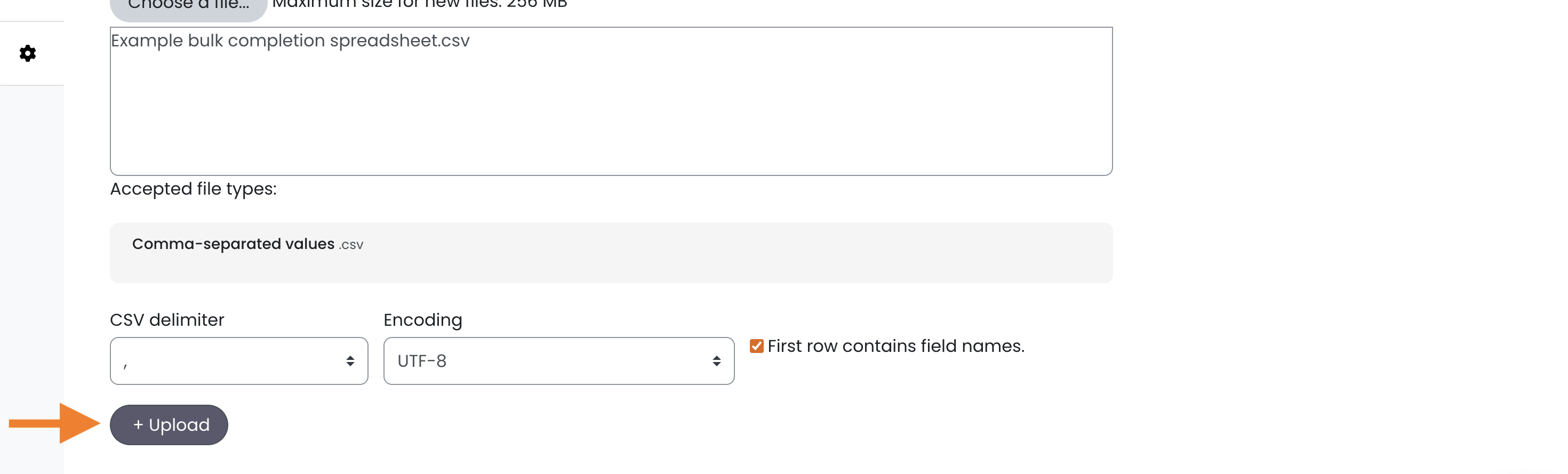12 - The upload page with a CSV file added, indicating the Upload button.png