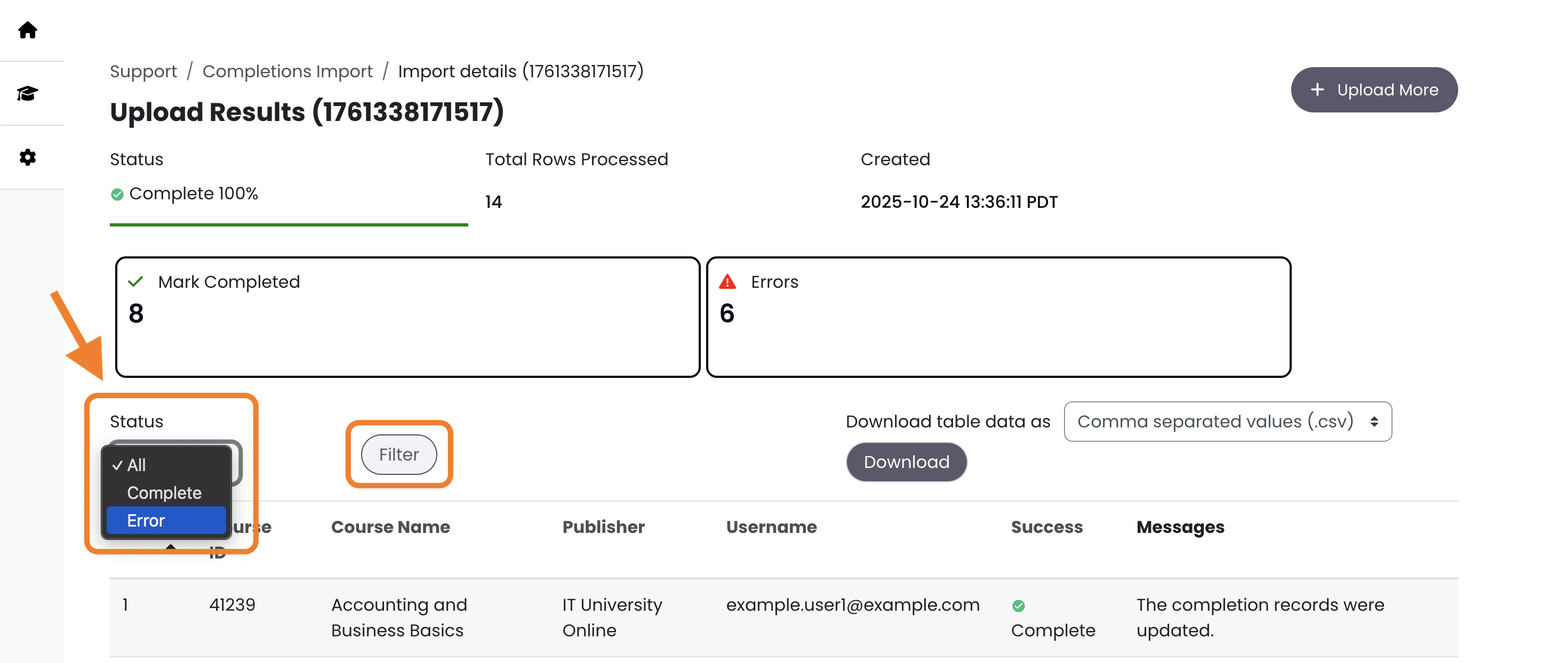 15 - An import's results page, indicating the tool to filter by Status.png