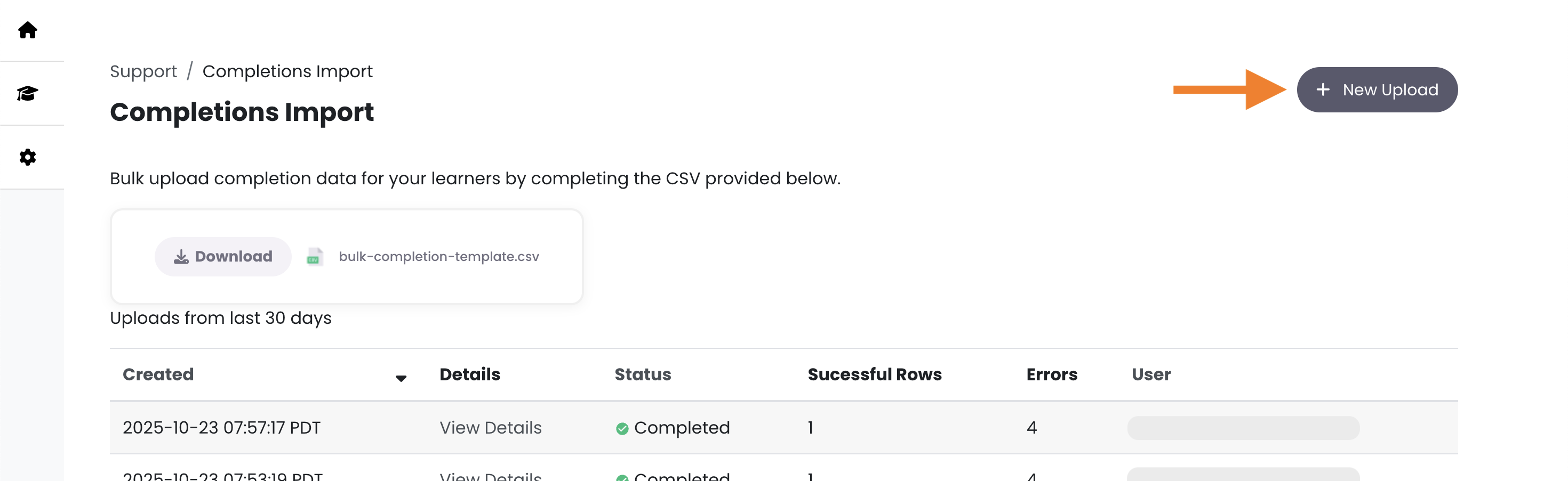 10 - The Completions Import page, indicating the New Upload button.png