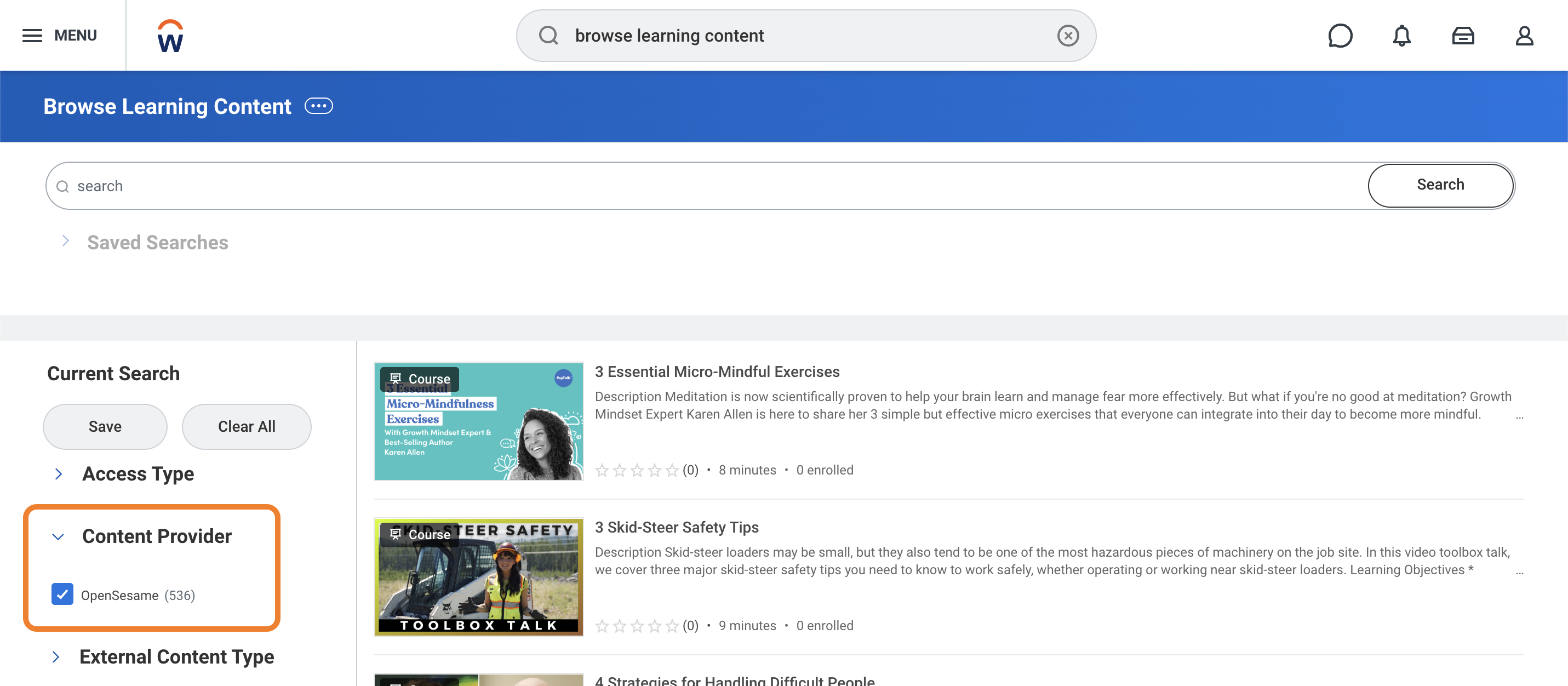 11 - Workday's Browse Learning Content report, filtered for OpenSesame.png