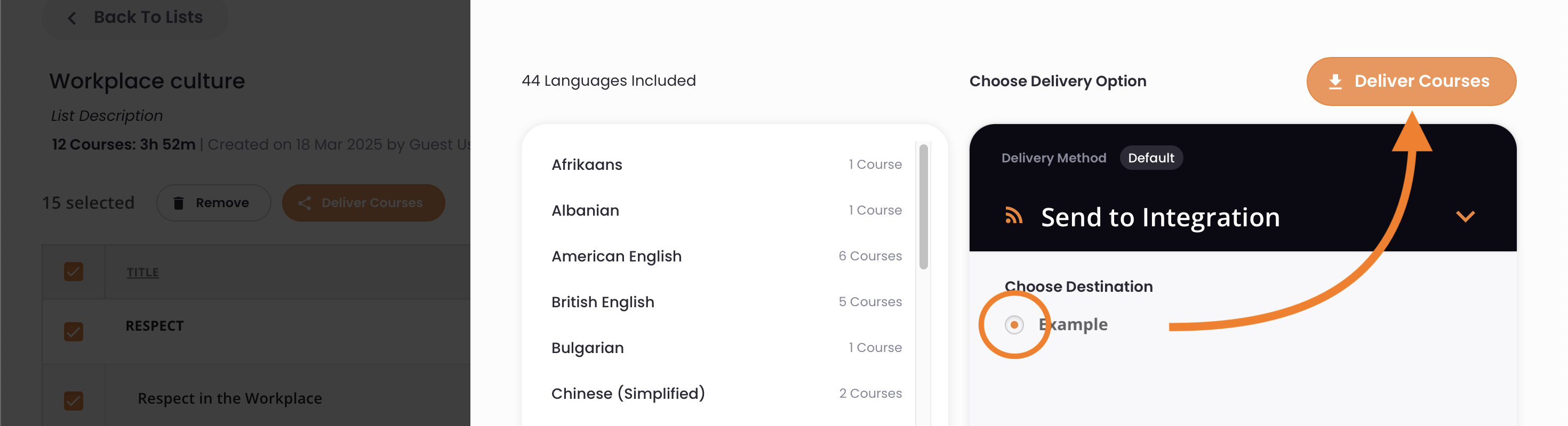 5 - The delivery destination is selected and the Deliver Courses button is indicated.png