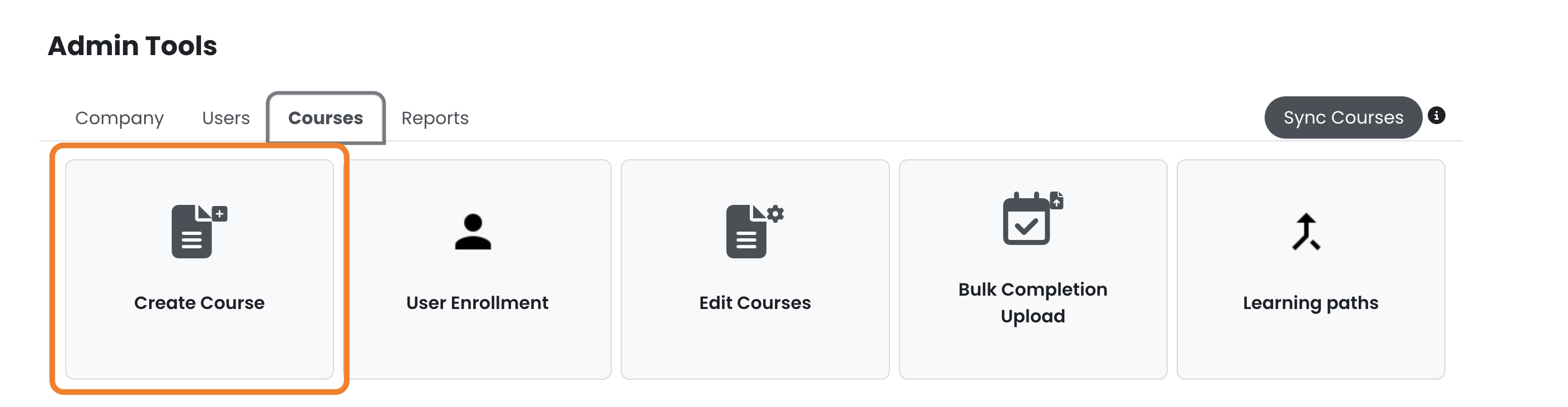 2 - The Courses tab of the Admin Tools page, indicating the Create Course option.png
