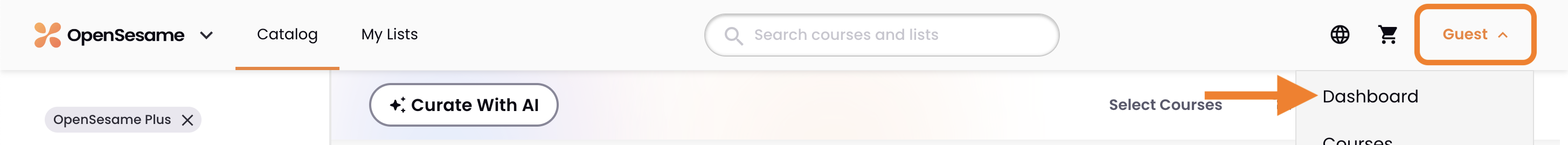1 - The OpenSesame account menu, indicating Dashboard.png