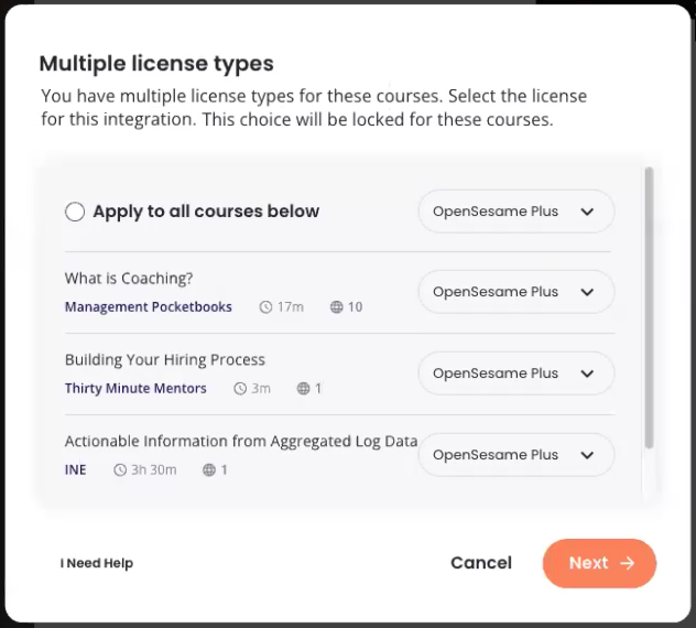 Integration delivery - License-type picker for multiple courses, delivering from a List - OpenSesame Plus option appears.png