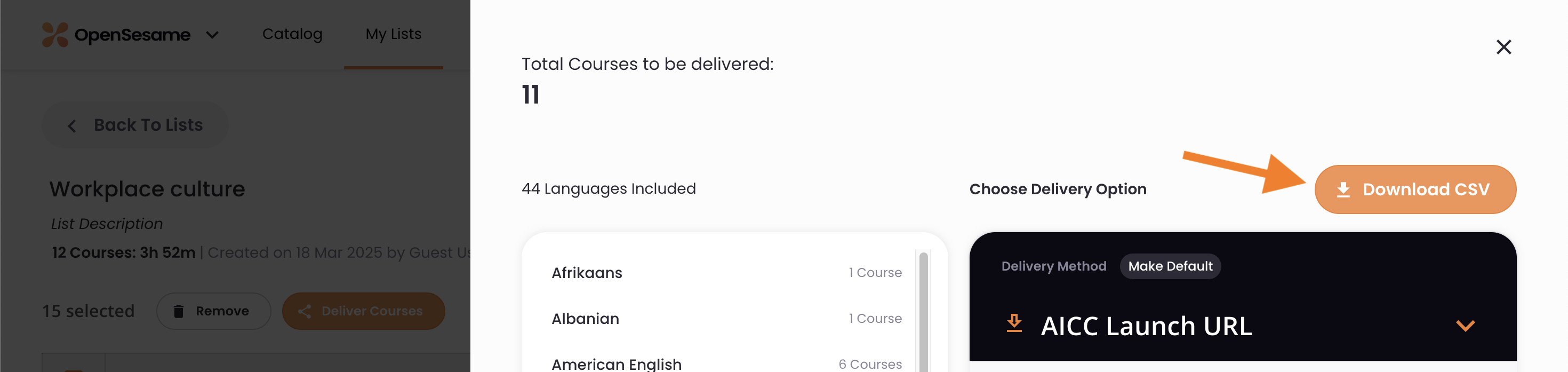 The AICC Launch URL delivery option, indicating the Download CSV button.png