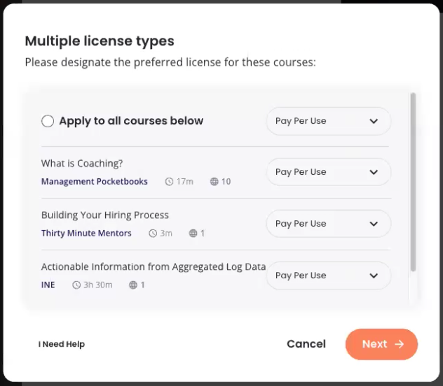 Non-integration delivery - License-type picker for multiple courses, delivering from a List - PPU option appears.png