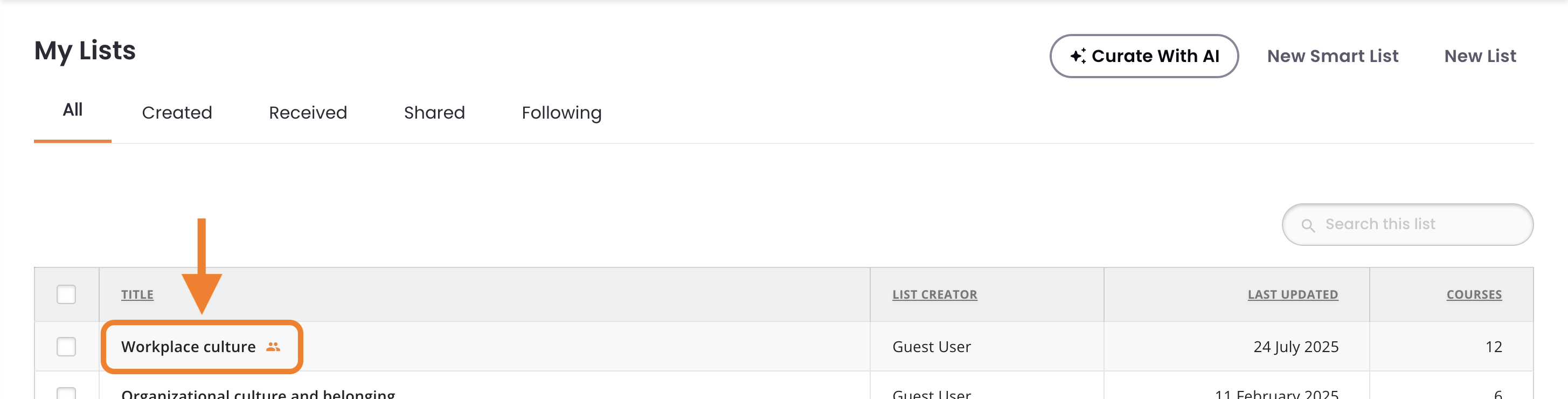 2 - The My Lists page, indicating the title of a List.png