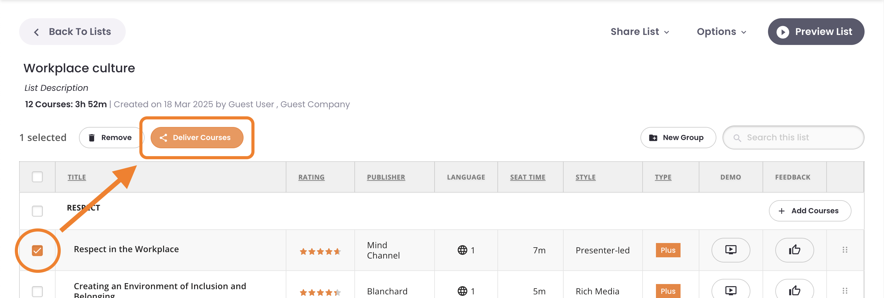 3 - On the List, a course is selected and the Deliver Courses button is indicated.png