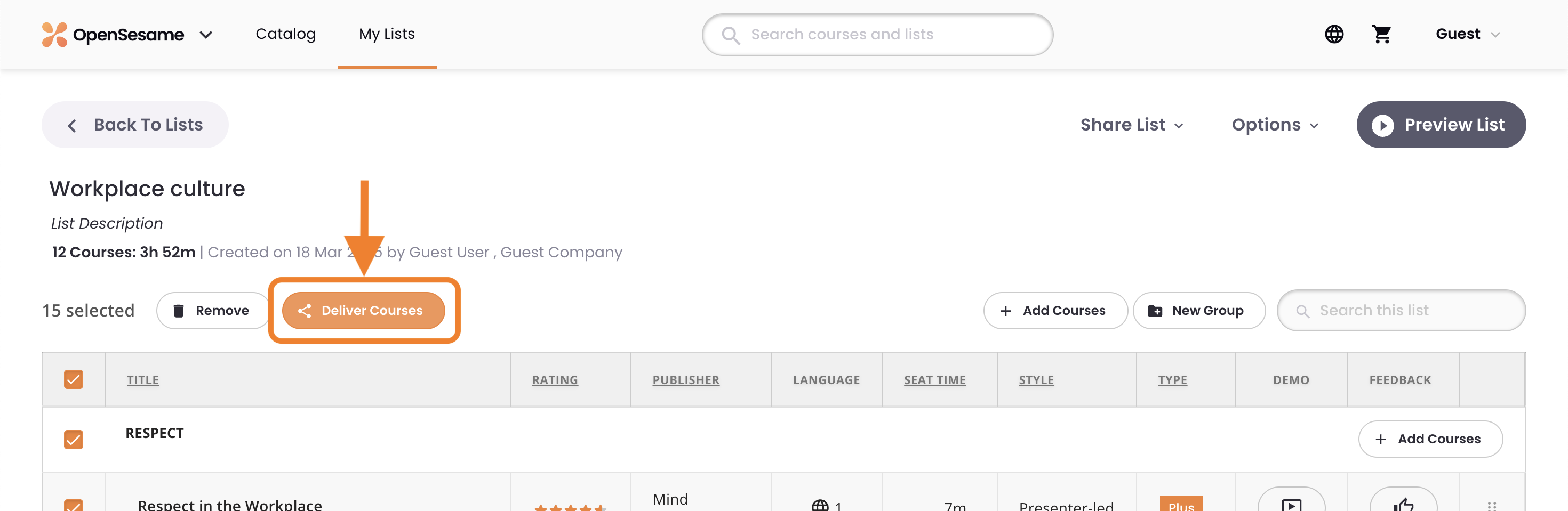 1 - An example List, indicating the Deliver Courses button.png