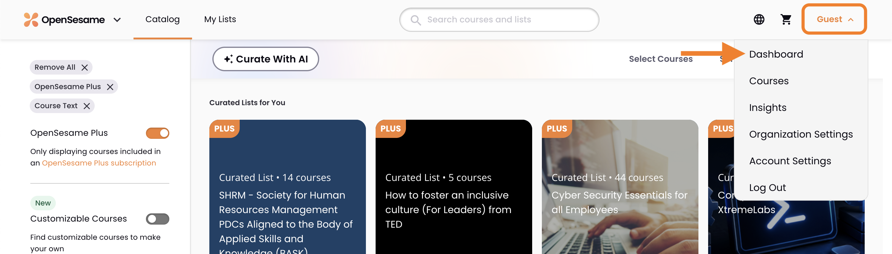 The OpenSesame account menu, indicating Dashboard.png