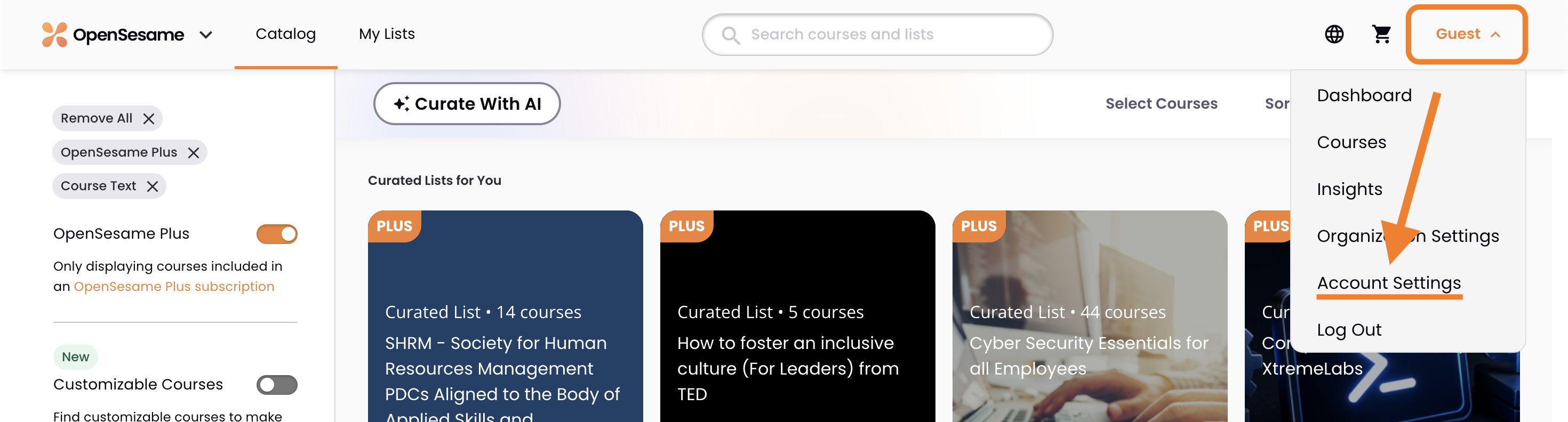 1 - The OpenSesame account menu, indicating Account Settings.png