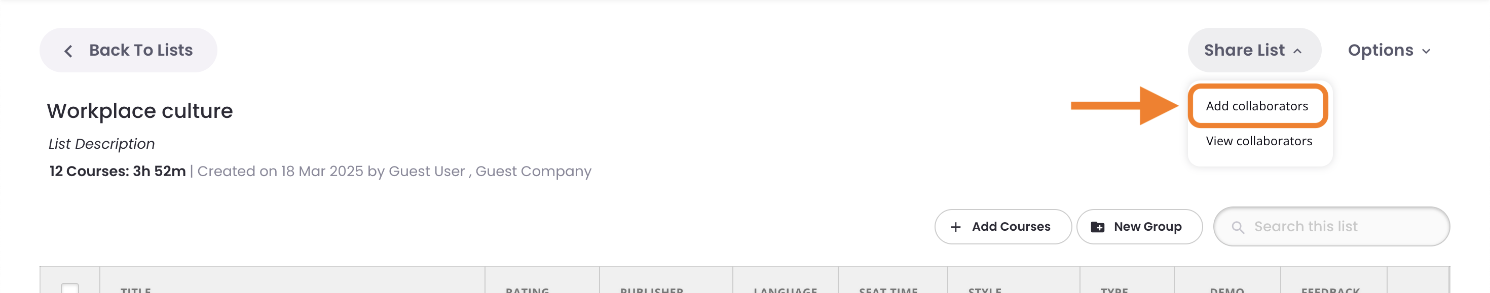 3 - An example List, indicating the Add Collaborators option in the Share List menu.png