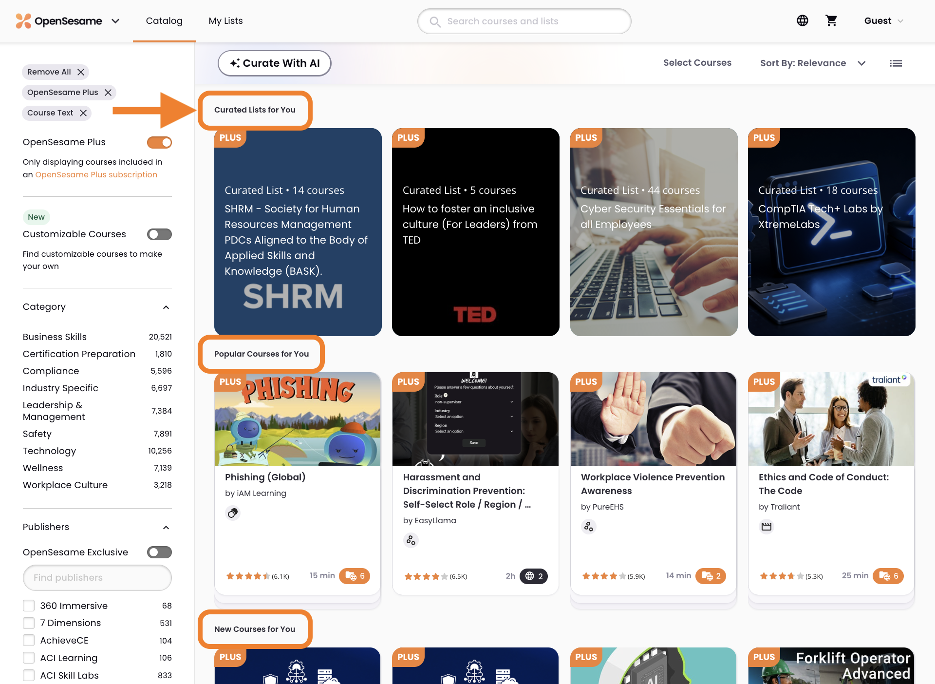 1 - The OpenSesame catalog, indicating the three recommendation sections.png