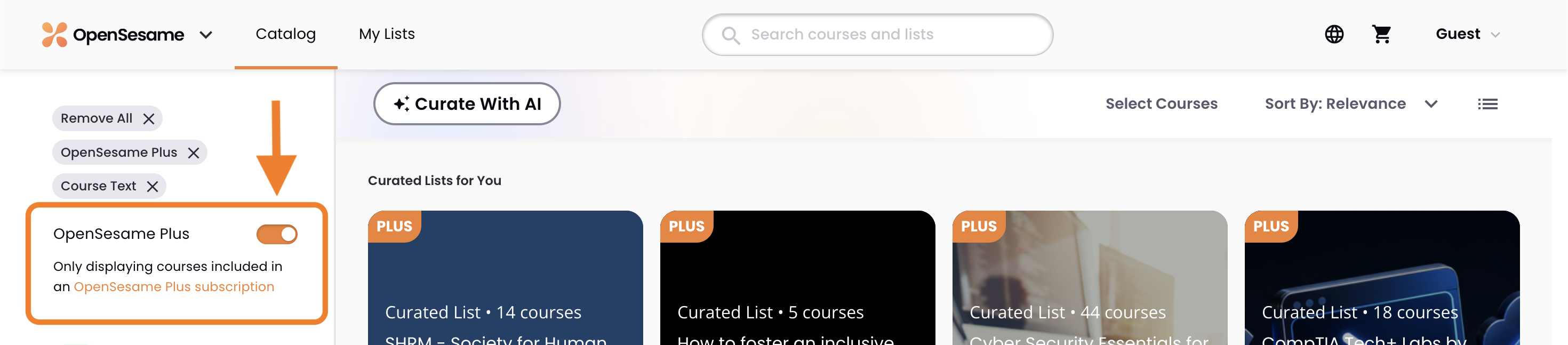 1 - The OpenSesame catalog, indicating the OpenSesame Plus toggle.png