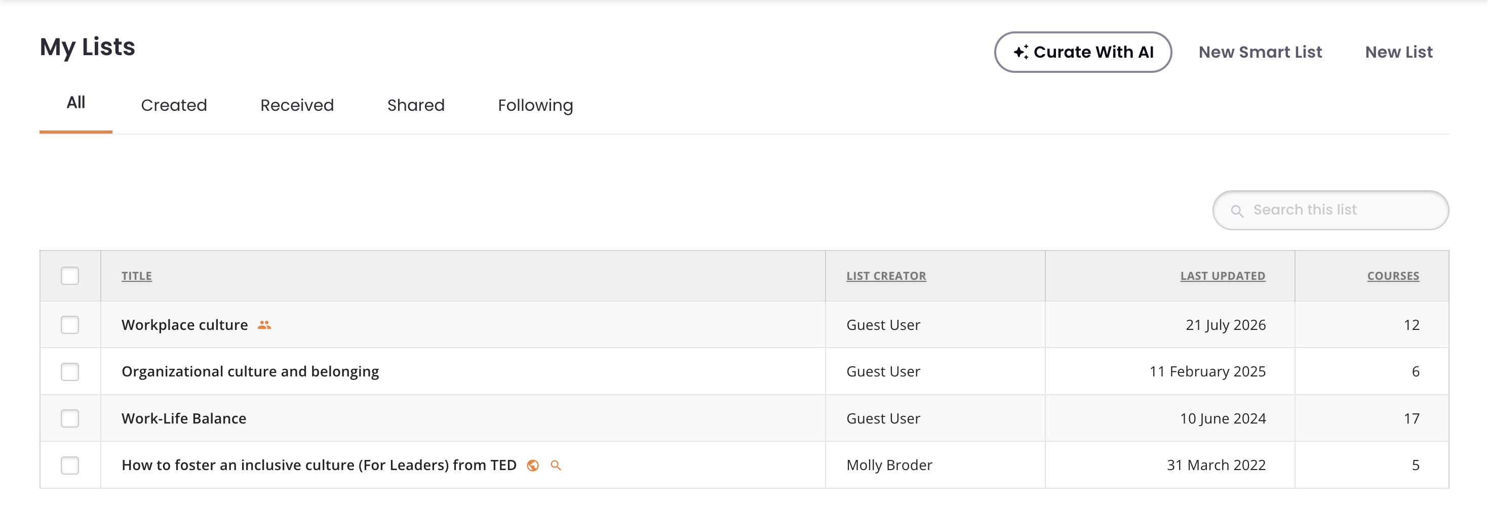 3 - The My Lists page with example Lists.png