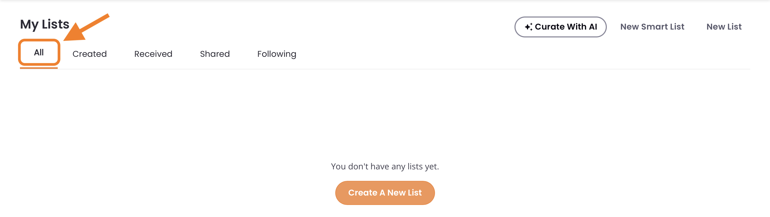 2 - The My Lists page before any Lists are added, indicating the All tab.png