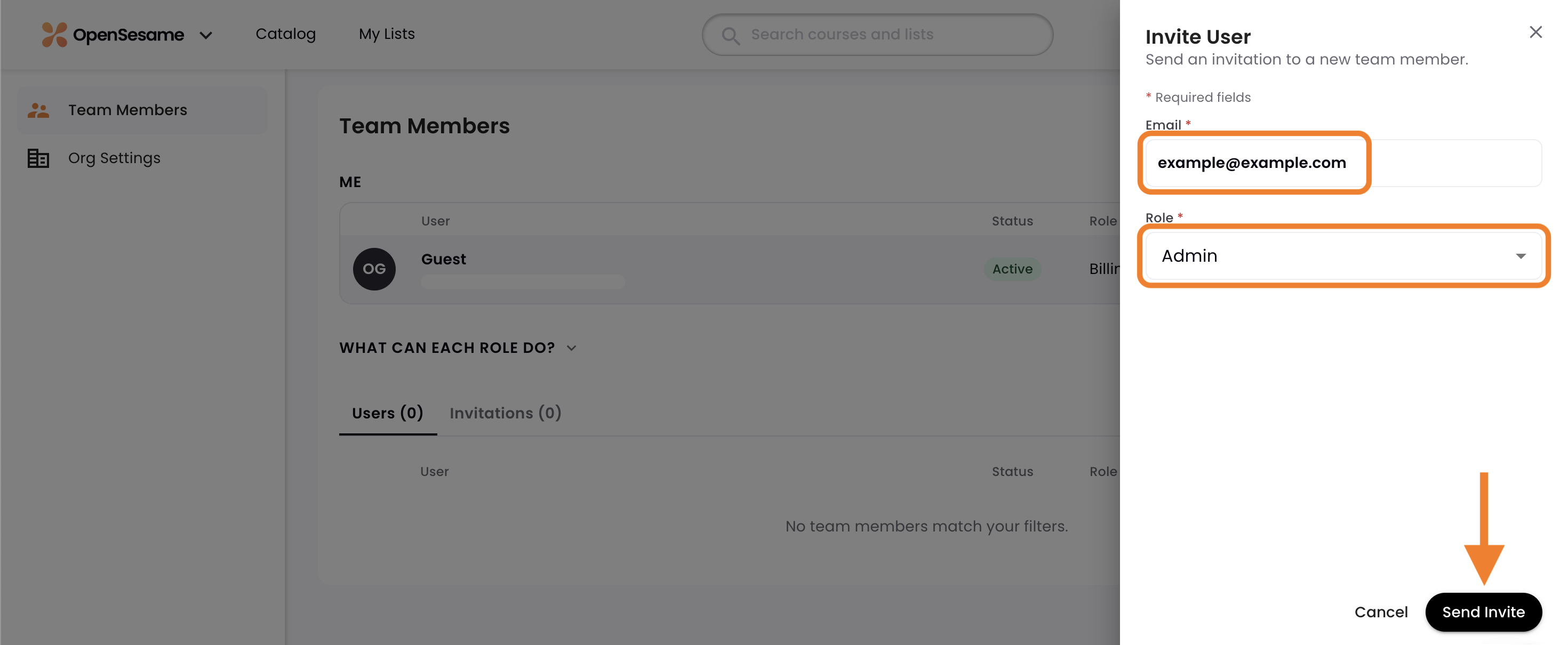 6 - The Invite User tool, with an example email address and role, indicating the Send Invite button.png