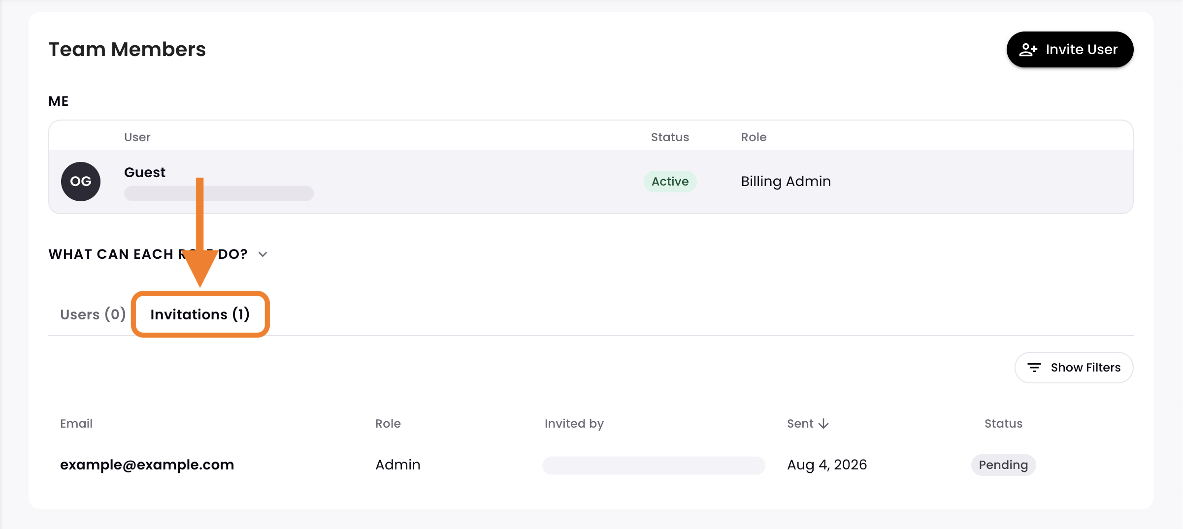 7 - The Team dashboard, indicating the Invitations tab, with a Pending invitee.png