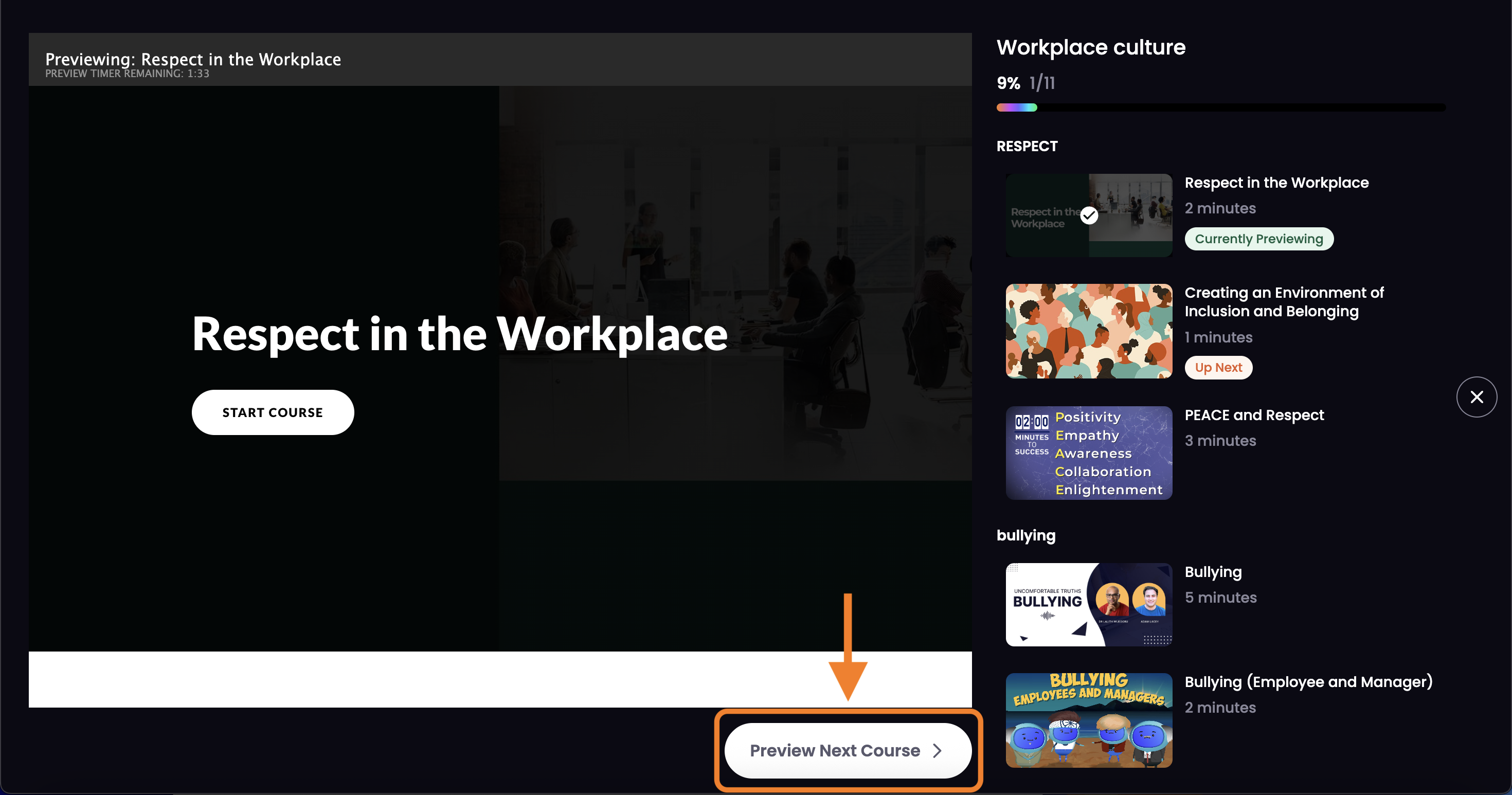 6 - A preview playlist, indicating the Preview Next Course button.png